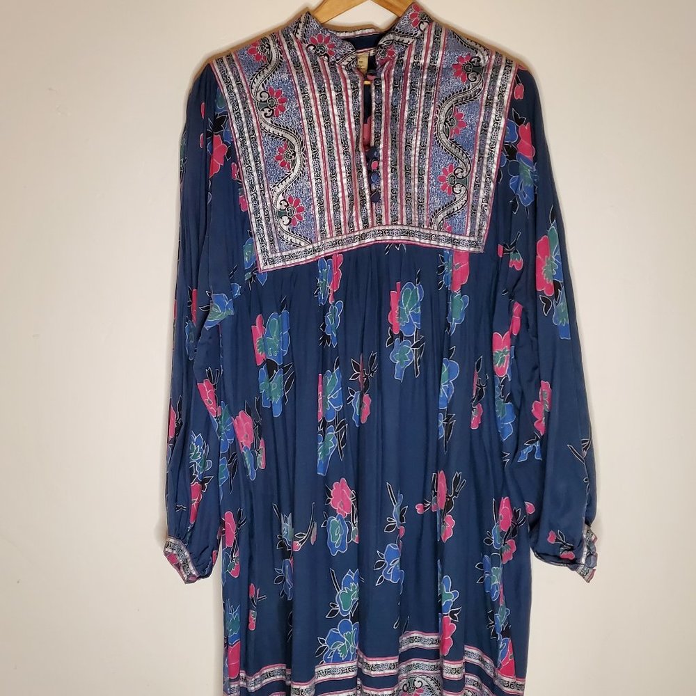 Night Spirits Navy Pink and Silver Floral Long Sleeve Indian Hippie Folk Dress - Picture 8 of 9
